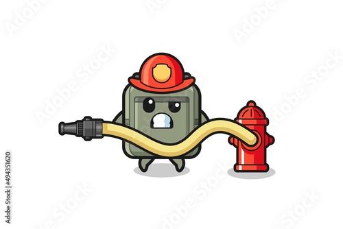 school bag cartoon as firefighter mascot with water hose