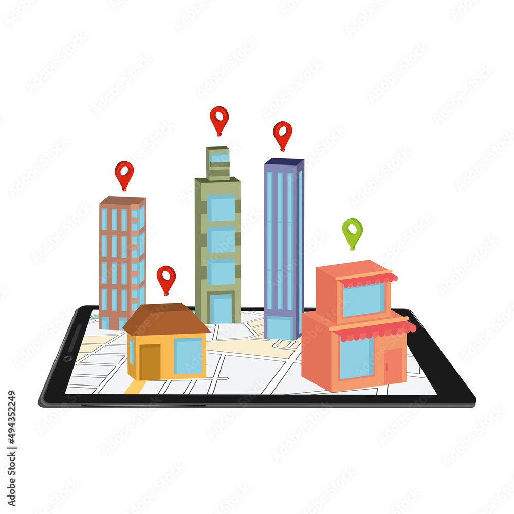 Fototapeta premium Isolated cellphone with an application map and 3d buildings Vector