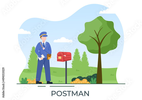 Postman Cartoon Vector Illustration Wearing a Uniform Carrying a Backpack Containing Letters to Send or Placing Envelope in Postal Service Mailbox