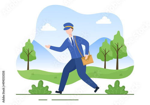 Postman Cartoon Vector Illustration Wearing a Uniform Carrying a Backpack Containing Letters to Send or Placing Envelope in Postal Service Mailbox