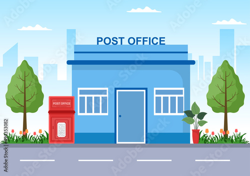 Fototapeta Naklejka Na Ścianę i Meble -  Postman Cartoon Building Vector Illustration Wearing a Uniform Carrying a Backpack Containing Letters to Send or Placing Envelope in Postal Service Mailbox