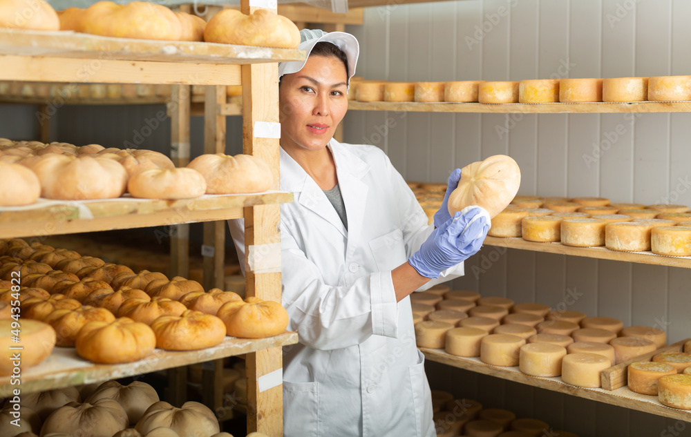 Focused Asian woman engaged in cheesemaking dressed in white uniform with cap and gloves examining quality 