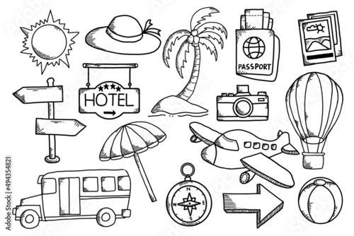 travel doodle collection. hand drawn outline icon. airplane, passport, compass, camera