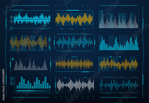 Sound waves frequency, audio music digital equalizer, vector HUD interface. Voice soundwave or radio signal line waveform and recorder or music player volume level with waves of sound on scale