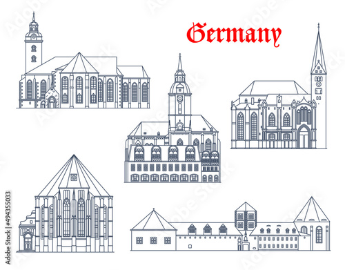 Germany buildings of Augsburg, Torgau, Mortizburg and Naumburg, vector architecture. German landmark buildings of St Mary Church Marienkirche, Augsburger Dom cathedral and Saint Wenzel Stadtkirche