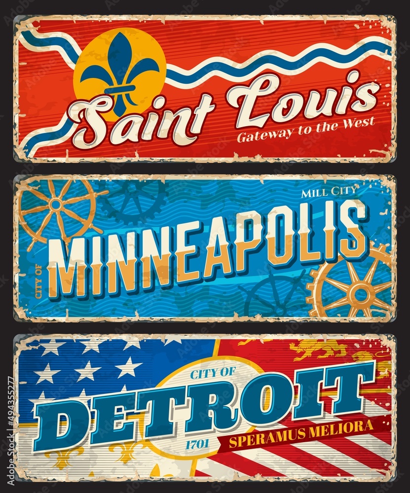 Fototapeta premium Detroit, Minneapolis and Saint Louis american cities plates and travel stickers. USA city grunge tin sign, vector vintage souvenir card or banner with shabby sides, american flag and retro typography