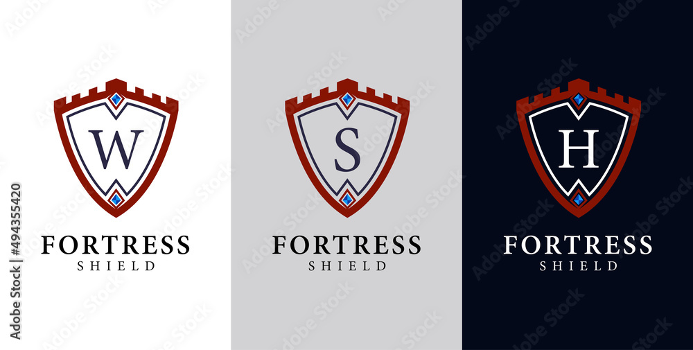 shield fortress logo. illustration of a shield with a fortress and letters in the middle