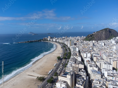 Copacabana beach  Rio de Janeiro  Brazil. Beautiful seaside town with old white buildings. Drone aerial view.