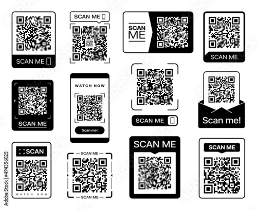 Scan me QR code sticker icons for phone barcode scanner, vector qrcode for mobile smartphone. QR code with scan me tag for app or web button to watch now video or internet and website link photo