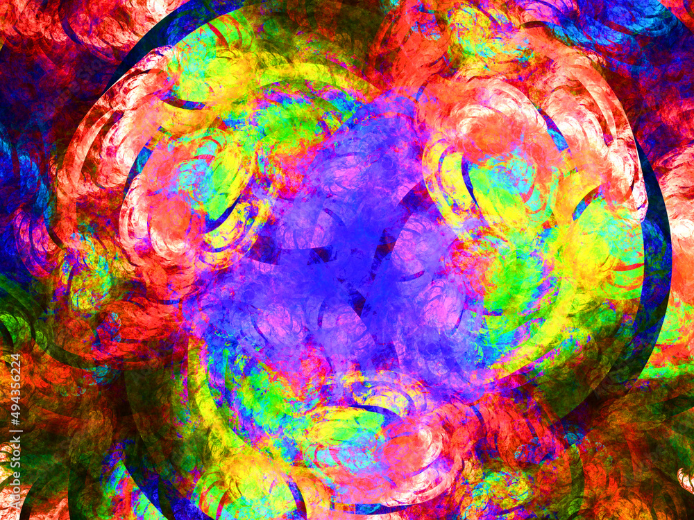 Creación de arte digital psicodélico compuesto de rizos coloridos aglomerados sobre fondo negro formando un todo con aspecto de ser un remolino de humo cargado de energía.