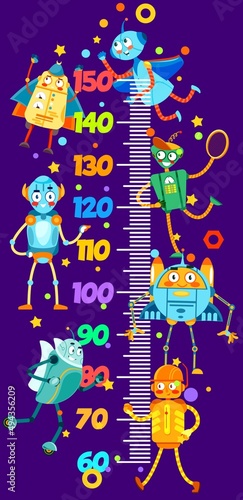 Kids height chart with cartoon funny robots characters, vector growth meter. Child measure ruler or height chart with robot toys, retro transformers and alien space android and galaxy cyborgs