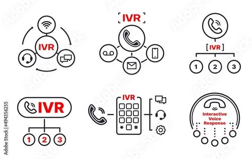 IVR icons, interactive voice response application for telephony automated phone call, vector mic symbols. IVR customer service, automatic contact center and digital mobile interactive response app photo