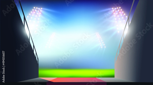 entrance to illuminated football stadium , football stadium sport theme digital 3D background