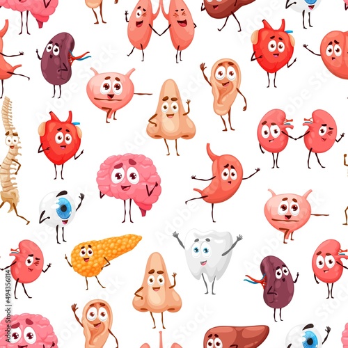 Cartoon human internal organs seamless pattern of body anatomy. Vector background with cute characters of heart, brain, liver and kidney, stomach, lung, bladder and tooth, pancreas, eyeball, spine