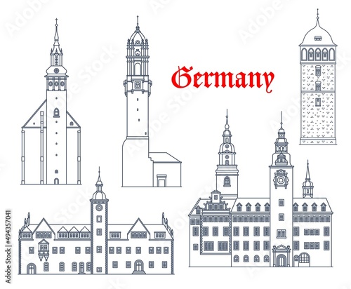 Germany buildings architecture of Freiburg, Schneeberg, Chemnitz and Bautzen, vector travel landmarks. German buildings of St Wolfgang Kirche church, town hall Rathaus and Reichenturm tower