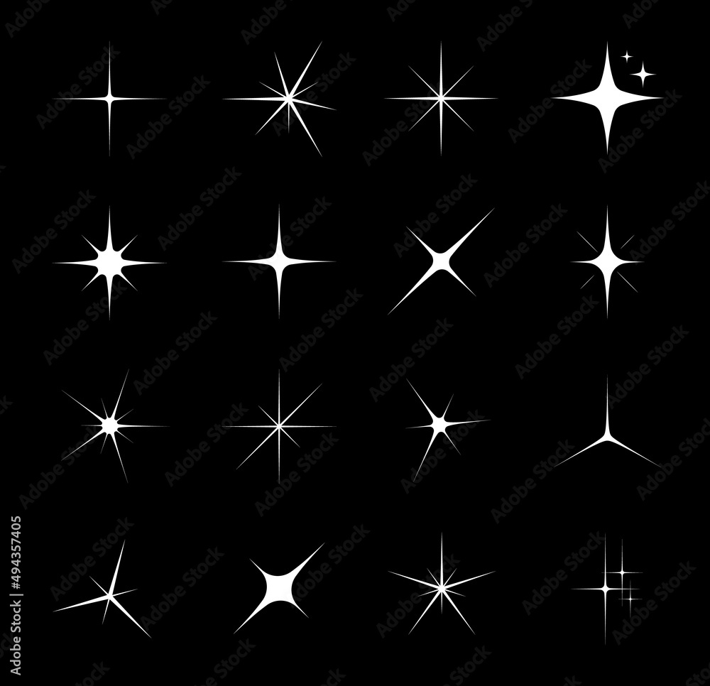 Star sparkle and twinkle, star burst and flash. Isolated vector glitter, bright light, magic shine, spark, flare or glow of white stars on black background, starburst or explosion glare effects Star sparkle and twinkle, star burst and flash. Isolated vector glitter, bright light, magic shine, spark, flare or glow of white stars on black background, starburst or explosion glare effects