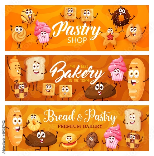 Cartoon bakery, pastry cakes and cookies characters, vector bread food banners. Funny sweets and pastry croissants, chocolate donut and wheat or rye bagel bread with toast, baguette and cupcake