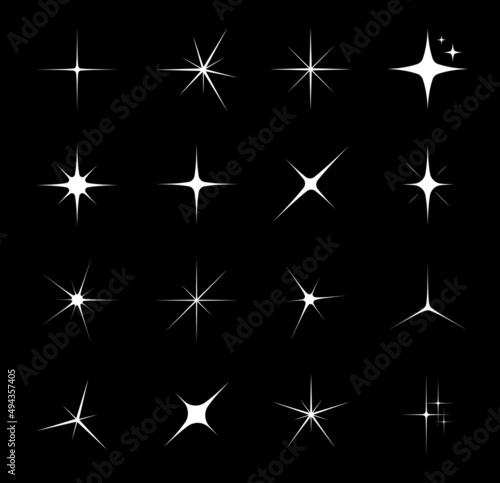 Star sparkle and twinkle, star burst and flash. Isolated vector glitter, bright light, magic shine, spark, flare or glow of white stars on black background, starburst or explosion glare effects