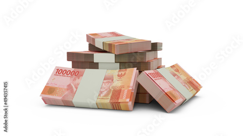 3d rendering of Stack of Indonesian rupiah notes. bundles of Indonesian currency notes isolated on white background