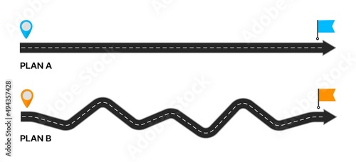 Plan B of destination point, expectation and reality of goal achievement way. Vector map of isolated straight path and difficult tangled road with location pins, navigation points and target flags