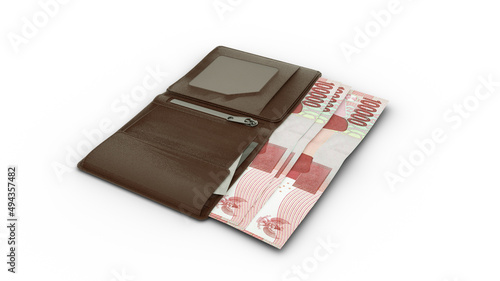 3D rendering of 100000 Indonesian rupiah notes popping out of a brown leather men’s wallet isolated on white background
