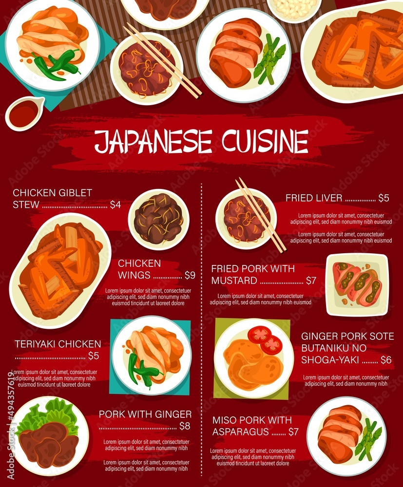 Japanese cuisine meals and dishes menu page. Chicken giblet stew, chicken wings and Teriyaki, pork with mustard, butaniku no shoga-yaki and fried liver, ginger and miso pork with asparagus vector Japanese cuisine meals and dishes menu page. Chicken giblet stew, chicken wings and Teriyaki, pork with mustard, butaniku no shoga-yaki and fried liver, ginger and miso pork with asparagus vector