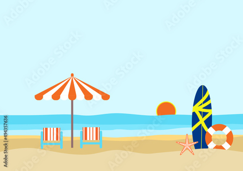 Tropical beach with bench, umbrella, and surfboard. Summer Vacation Loungers On Sea Beach Landscape Beautiful Seascape Banner Seaside Holiday Vector Illustration