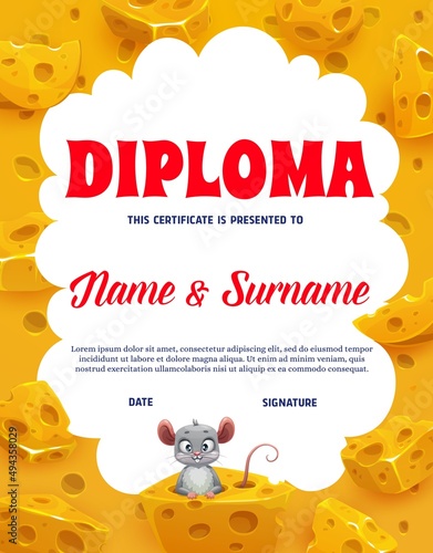 Vertical kids diploma with maasdam, emmental cheese and cartoon mouse. Child education award with funny animal in cheese. Kids graduation invitation or competition winner certificate vector template