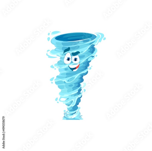 Cartoon tornado cheerful character. Storm, whirlwind twister or cyclone vector personage with blue water drops and smiling face. Hurricane or typhoon, thunderstorm weather forecast vector icon