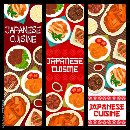 Japanese cuisine dishes, restaurant menu meals banners. Chicken wings, fried liver and Teriyaki, ginger and fried pork with mustard, chicken giblet stew and Shogayaki, miso with asparagus vector photo