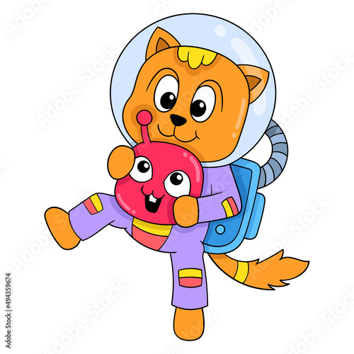 astronaut cat in space playing with alien child, doodle icon image kawaii