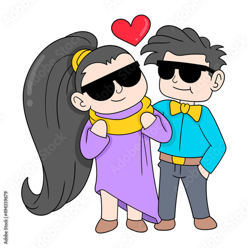 boy and girl couple hanging out on valentine night, doodle icon image kawaii