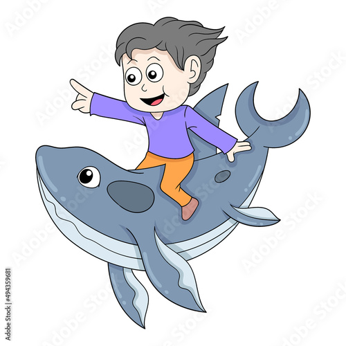 boy is swimming riding a whale in the ocean, doodle icon image kawaii