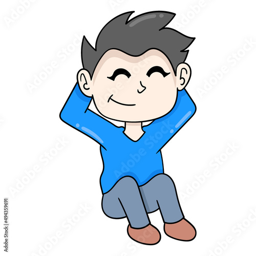 boy is sitting relaxing enjoying a beautiful day, doodle icon image kawaii