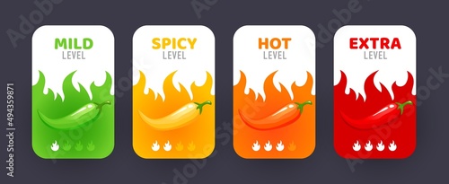 Spicy level labels of pepper with fire flames, vector mild, medium and extra hot taste. Spicy flavor level labels or stickers for package with burning flame of chili pepper, jalapeno or tabasco sauce photo