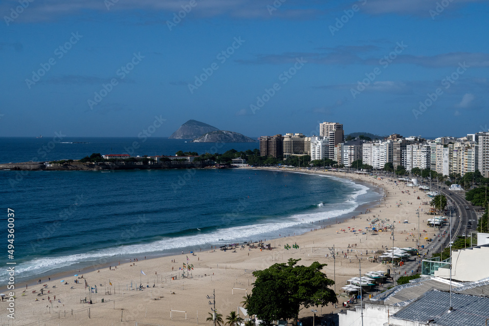 Naklejka premium Copacabana beach, Rio de Janeiro, Brazil. Beautiful seaside town with old white buildings. Drone aerial view.