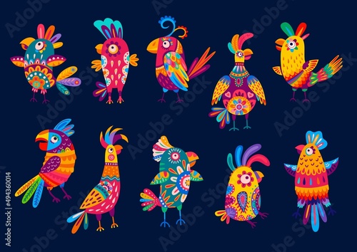 Colorful brazilian and mexican parrot birds, vector alebrije paper craft. Parrots birds of Mexico or Brazil tropical jungle in paper cut art, cartoon exotic ara or parakeet in floral ornament