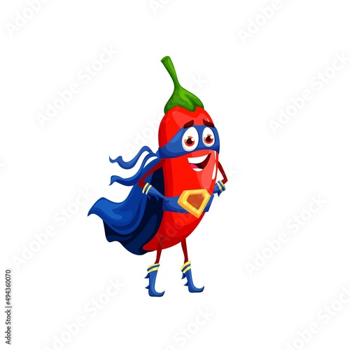 Cartoon chili pepper superhero character, vector funny red jalapeno vegetable in red super hero cloak and mask stand with arms akimbo. Fairytale personage, isolated chilli, healthy vitamin spisey food