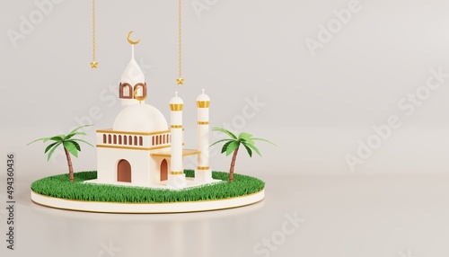 3d illustration of ramadan kareem with podium, mosque, and islamic decoration photo
