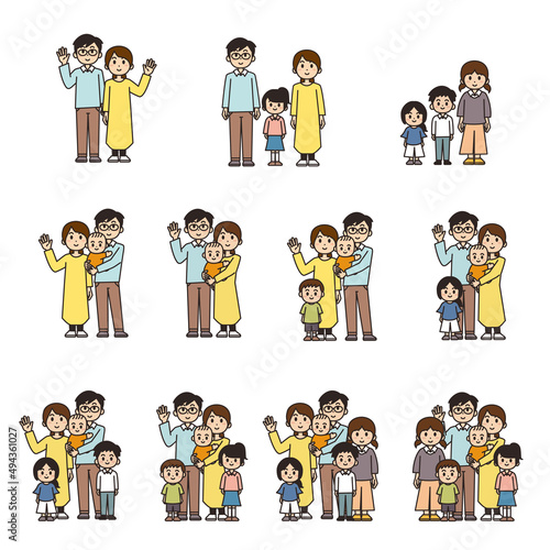 さまざまな人数で構成される家族のイラストセット　全身