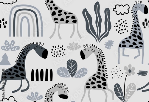  hand-drawn colored childish seamless repeating simple pattern with cute giraffes