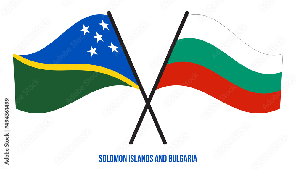 Solomon Islands and Bulgaria Flags Crossed And Waving Flat Style. Official Proportion. Correct Color Solomon Islands and Bulgaria Flags Crossed And Waving Flat Style. Official Proportion. Correct Color