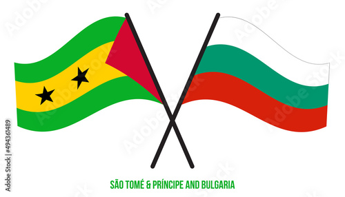 Sao Tome and Bulgaria Flags Crossed And Waving Flat Style. Official Proportion. Correct Colors.