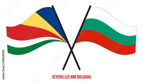 Seychelles and Bulgaria Flags Crossed And Waving Flat Style. Official Proportion. Correct Colors.