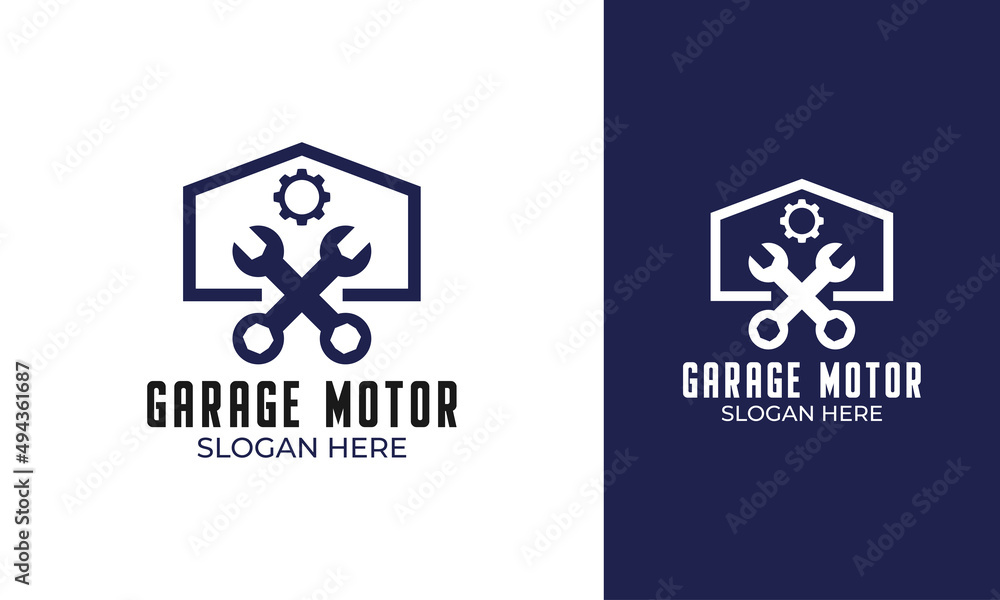 Obraz premium Garage or workshop logo design with wrench icon for automotive service
