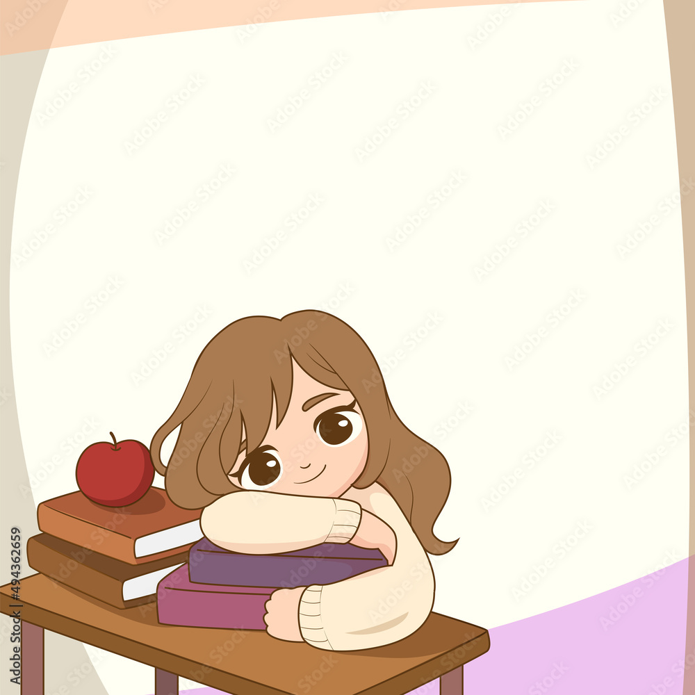 illustration of a girl with book and apple illustration of a girl with book and apple