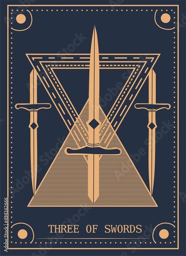 The swords tarot card with engraving, luxury, esoteric, fit for paranormal, tarot reader, astrologer or tattoo Premium Vector. Tarot Card Minimalist Vector Ilustration, The Swords