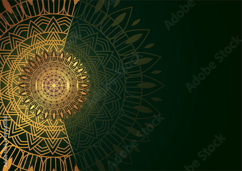 Art of traditional Indian geometric. Luxury mandala graphic background. Gold, dark green, black ornamental. Decorative pattern east style. Vector illustration with copy space.