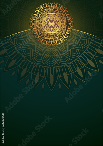 Art of traditional Indian geometric. Luxury mandala graphic background. Gold, dark green, black ornamental. Decorative pattern east style. Vector illustration with copy space.