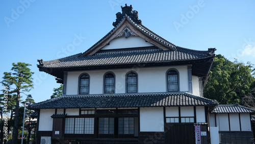Exterior historical building, old window, rooftop and wall design build in meiji era. Dai Nippon Hotokusha building in Kakegawa castle area.